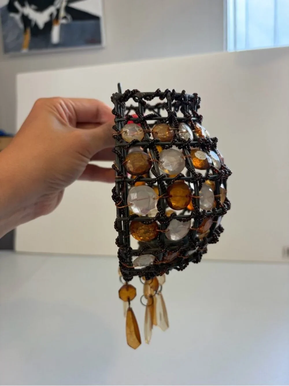 Vintage Boho Beaded Hanging Tea Light Candle Holder Amber Beads 90s Home Decor